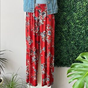 Floral Wide Leg Pants - Red